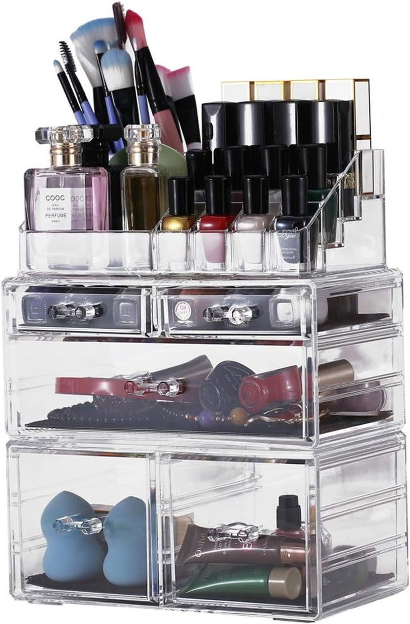 Makeup Organizer,Acrylic Cosmetic Organizer Storage Drawers Jewelry and Cosmetic Display Cases Box(5 Drawers 7 Tiers) 3 Pieces Stackable,Clear