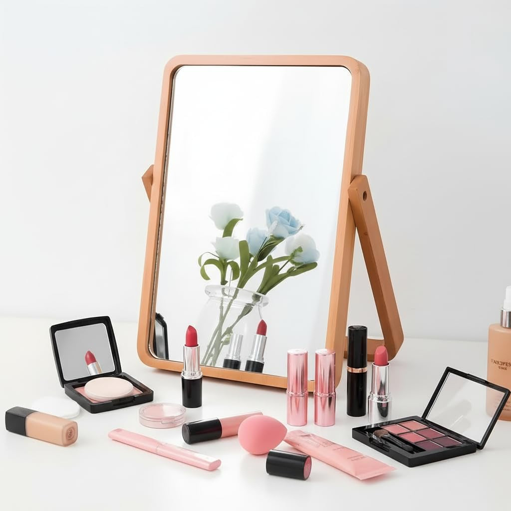 Desk Makeup Mirrors with Wood - Small Table Mirror with Stand
