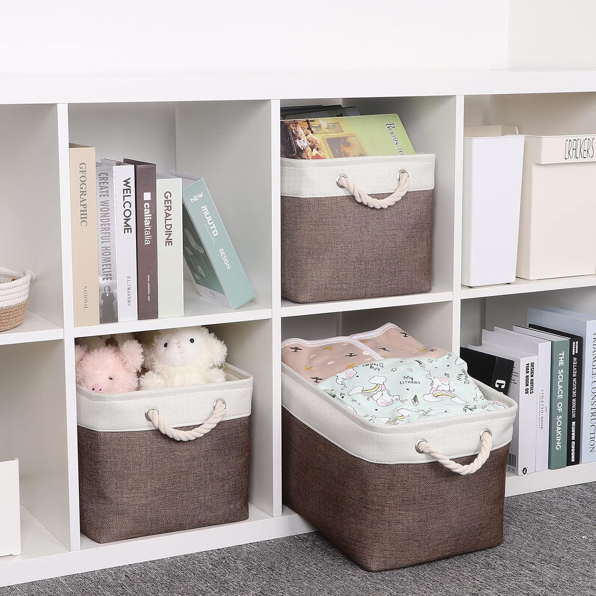 Baskets Fabric Storage Bins for Shelves [3-Pack] Decorative Storage Baskets for Organizing 15 X 11 X 9.5 Inches Nursery Closet Foldable Toy Storage Closet Organizer Brown