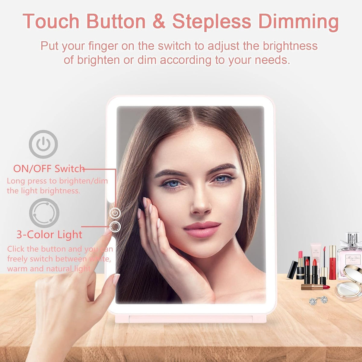 Folding Travel Mirror Lighted Makeup Mirror with 72 Leds 3 Colors Light Modes, USB Rechargable, Portable, Ultra Thin, Compactvanity Mirror with Touch Screen Dimming for Cosmetic (Pink)