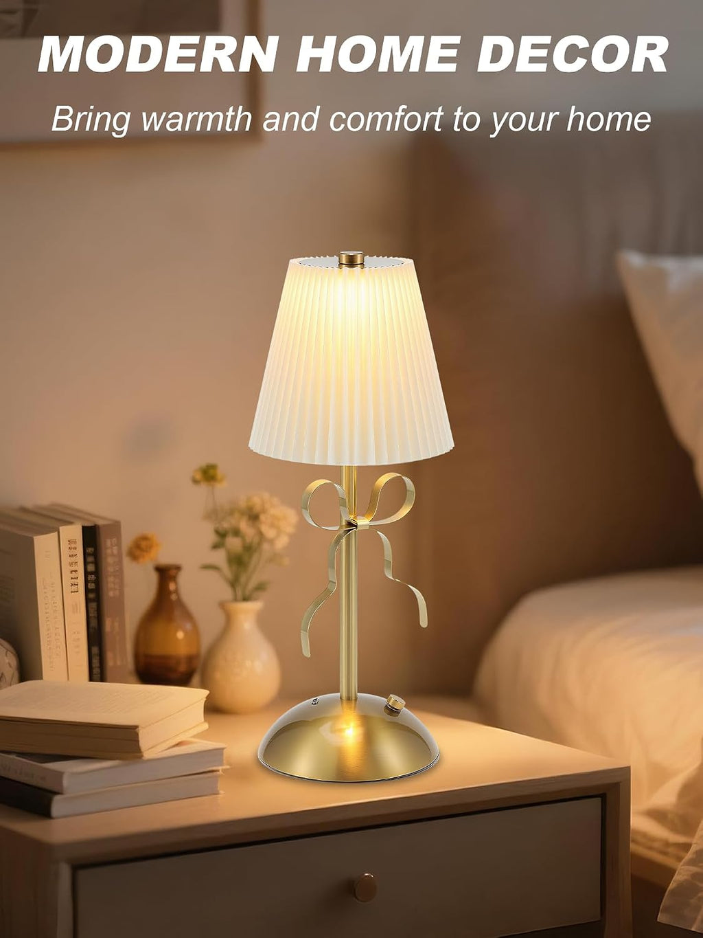Cordless Small Table Lamp,Gold Bow Lamp,Rechargeable Desk Lamp Cute