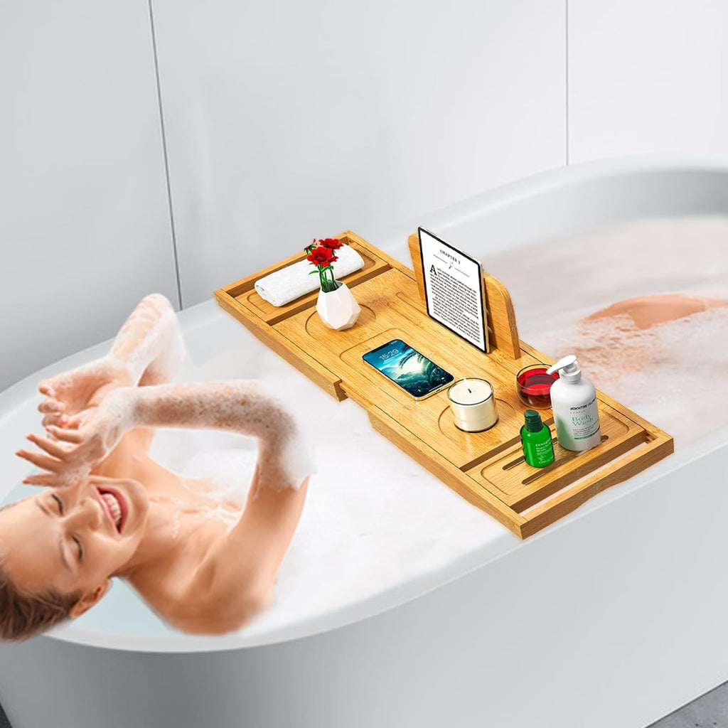 Bathtub Tray Caddy - Bath Tray - Bath Tub Tray Caddy - Bamboo Bath Table Tray for Tub - Expandable Size, Fits Most Tubs