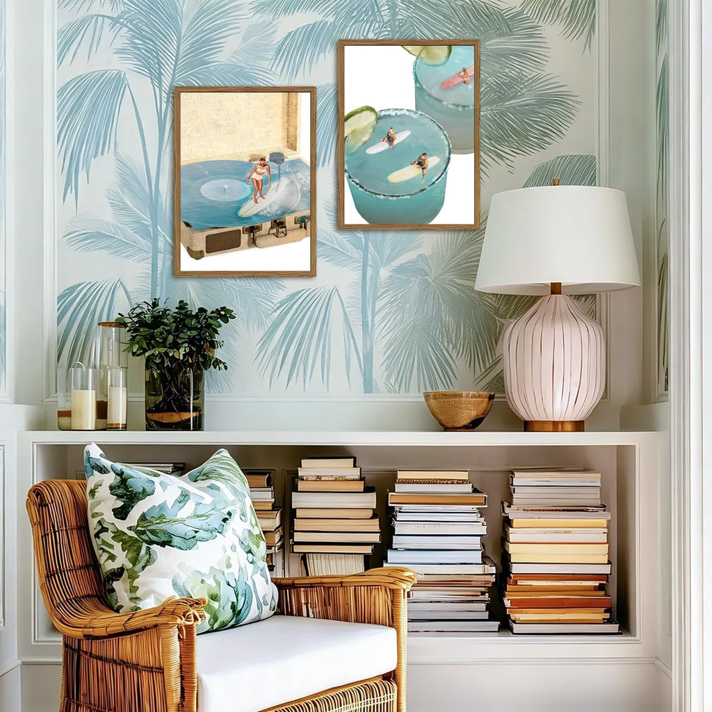 Framed Trendy Blue Coastal Wall Art Set of 3, Preppy Disco Ball Beach Wall Decor Pictures, Girly Y2K Retro Surf Paintings Canvas Prints Aesthetic Home Decor for Living Room Bedroom Bathroom 12X16 Inch