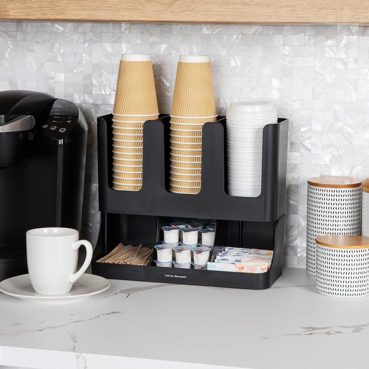 Condiment Station, 13 Inch Countertop Coffee Bar Organizer with 6 Compartments, Storage Caddy for Cups, Lids and Packets, Plastic, Black