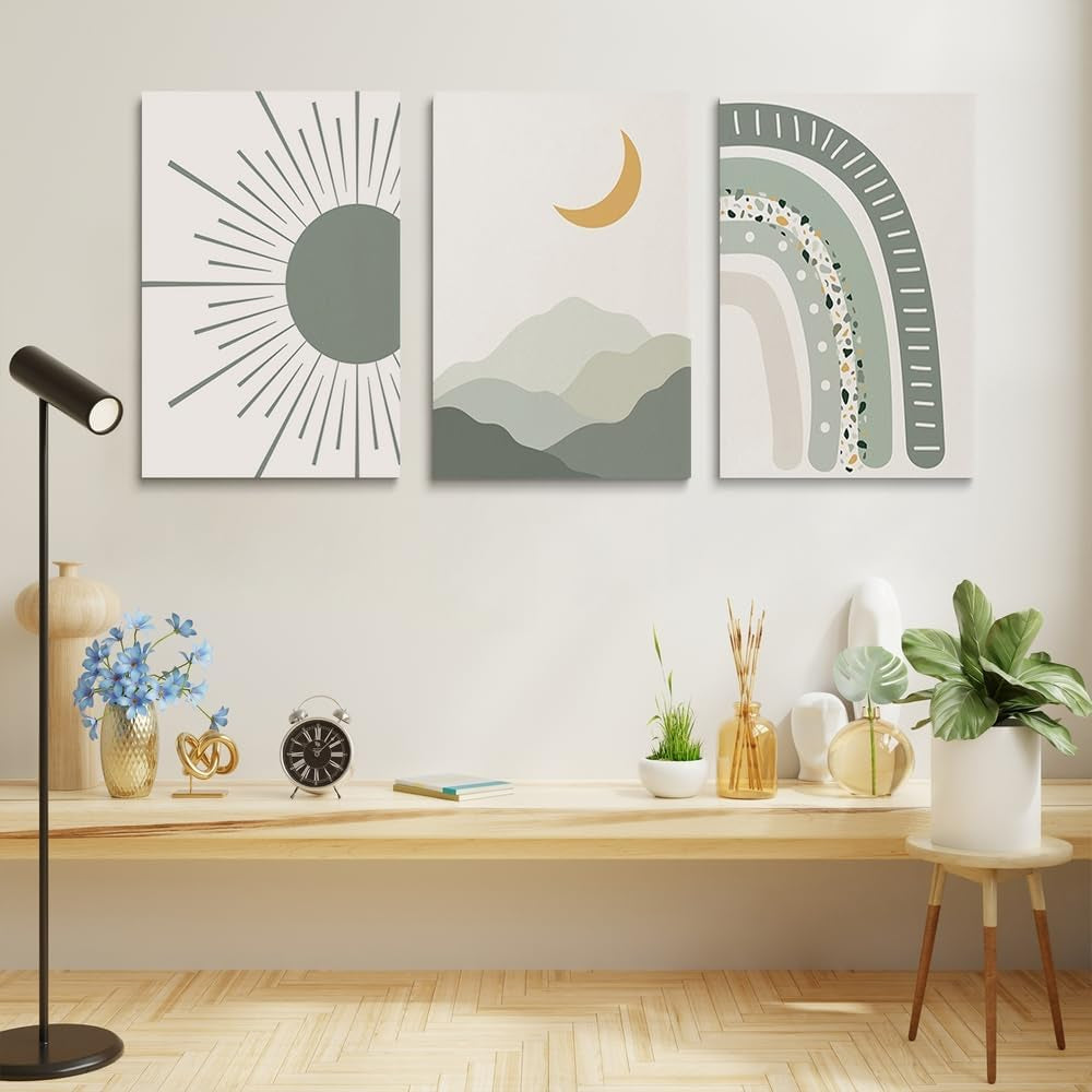 Boho Nursery Print Set of 3,Sun Rainbow Moon Baby Room Posters,Sage Green Wall Art Celestial Bedroom Kids Room Wall Art Decor, Abstract Art Prints,Mid Century Mountain Art for Home Decor 12"X16"