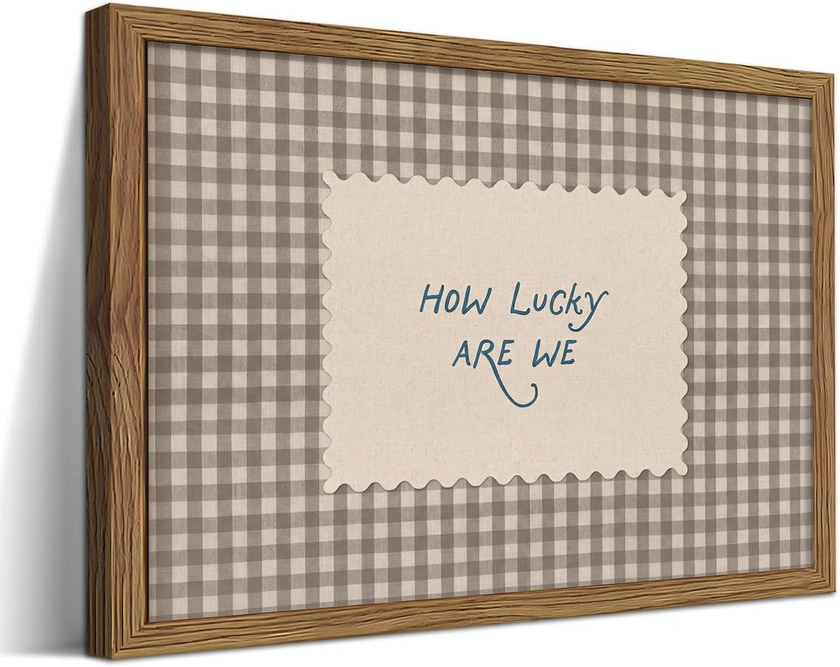 How Lucky Are We Wall Art, Vintage Gingham Inspirational Canvas Wall Decor Painting, Funky Preppy Stripe Quotes Poster Print Picture for Bedroom Dorm Apartment Decor 12X16 Inch Framed