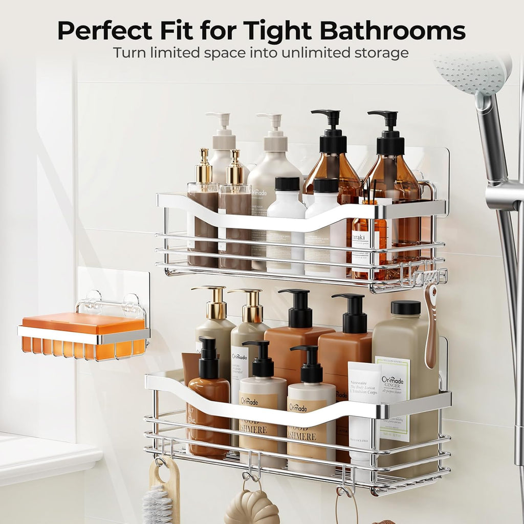 Shower Caddy Basket Soap Dish Holder Shelf with 5 Hooks Bathroom Organizer Shelf Kitchen Storage Rack Wall Mounted Adhesive No Drilling Rustproof SUS304 Stainless Steel - 3 Pack