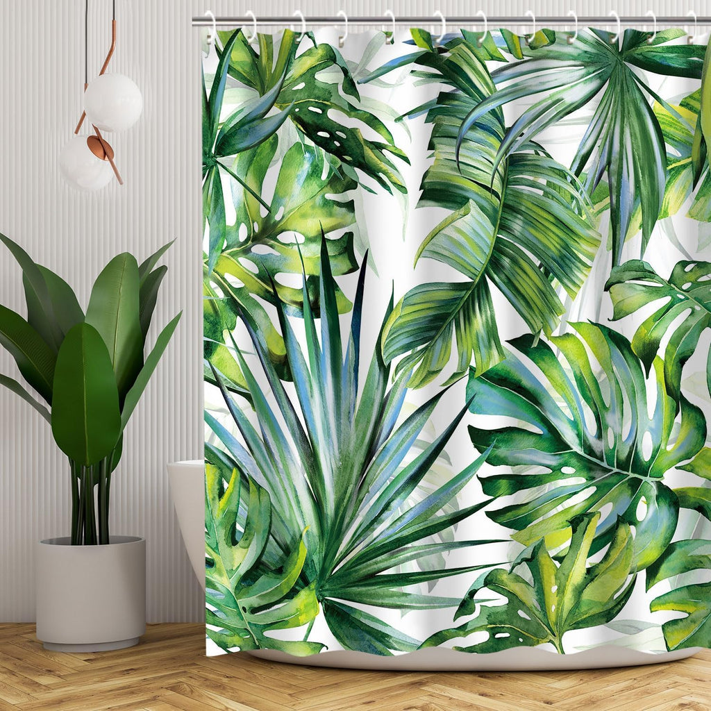 Tropical Green Plant Leaf Shower Curtain Set, Botanical Jungle Design with 12 Hooks for Bathroom Decor, 72"X72"