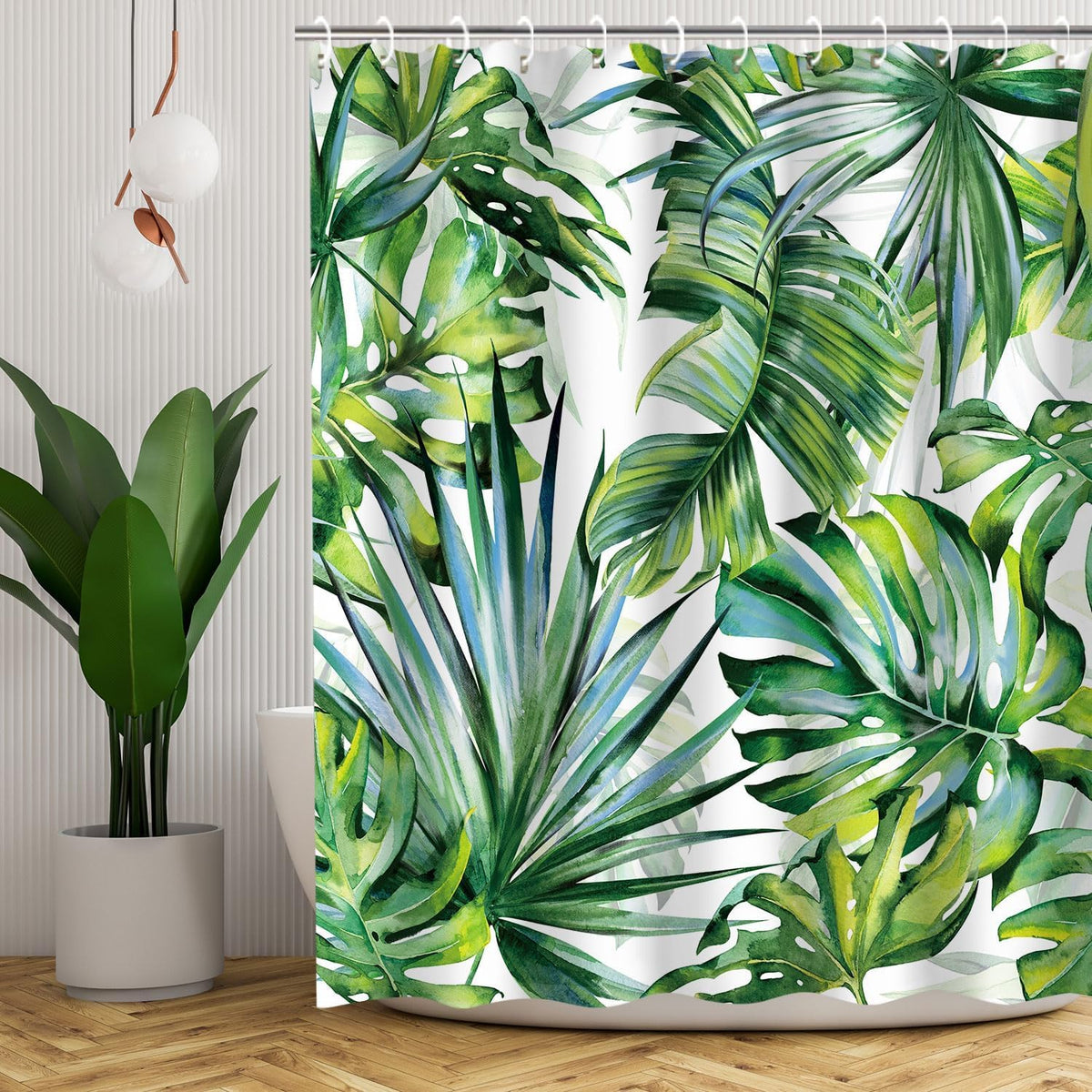Tropical Green Plant Leaf Shower Curtain Set, Botanical Jungle Design with 12 Hooks for Bathroom Decor, 72"X72"
