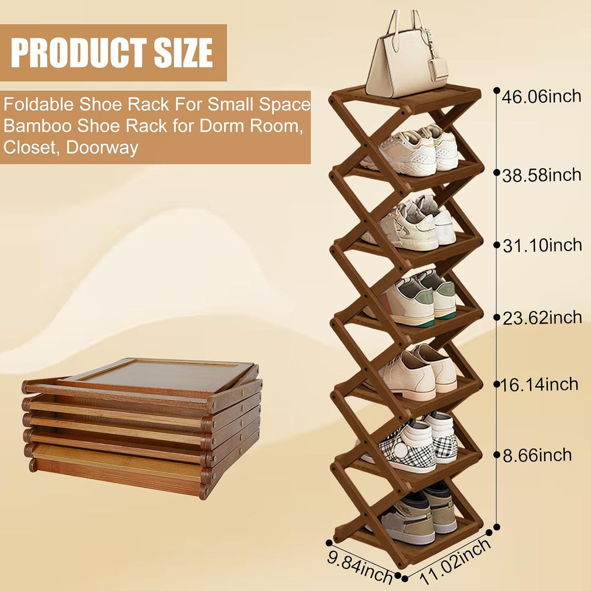Bamboo Folding Shoe Rack for Entryway, Narrowdorm Closet Shoe Racks