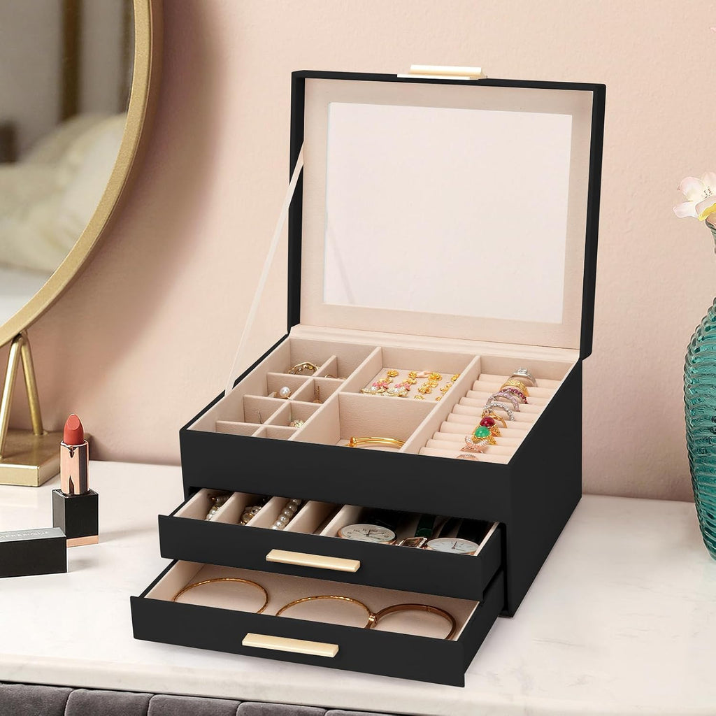 3-Layer Jewelry Box for Women, Jewelry Organizer with Glass Lid and Drawers, Jewelry Organizers and Storage for Necklaces, Rings, Earrings, Bracelets - White/Green/Black