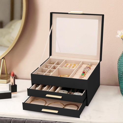 3-Layer Jewelry Box for Women, Jewelry Organizer with Glass Lid and Drawers, Jewelry Organizers and Storage for Necklaces, Rings, Earrings, Bracelets - White/Green/Black