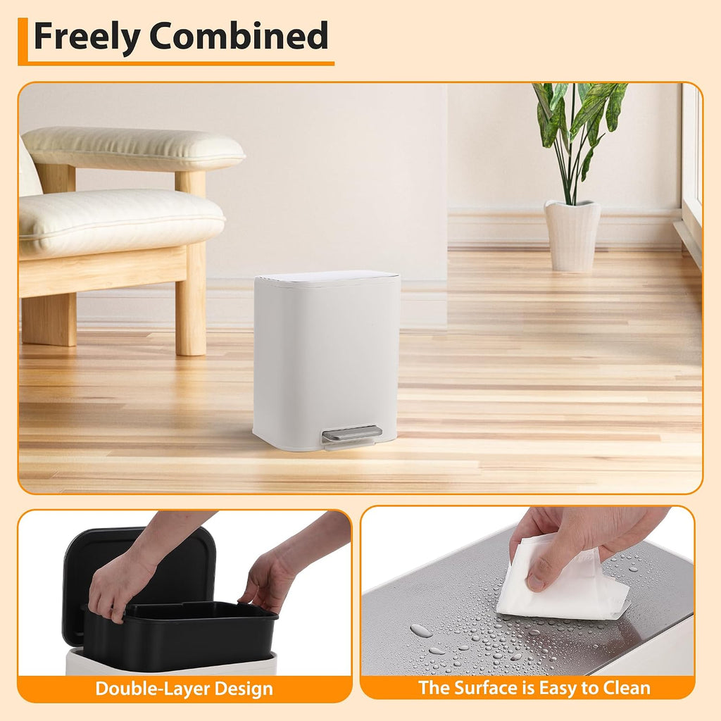 Bathroom Trash Can with Lid, 3.2 Gallon Stainless Steel Garbage Can with Step-On Pedal and Inner Bucket, Rectangular Trash Can for Kitchen Office Living Room Small Spaces (12 L, White)