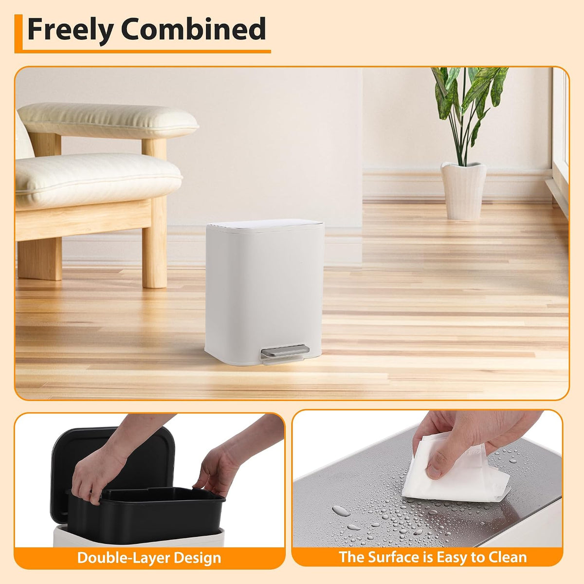 Bathroom Trash Can with Lid, 3.2 Gallon Stainless Steel Garbage Can with Step-On Pedal and Inner Bucket, Rectangular Trash Can for Kitchen Office Living Room Small Spaces (12 L, White)
