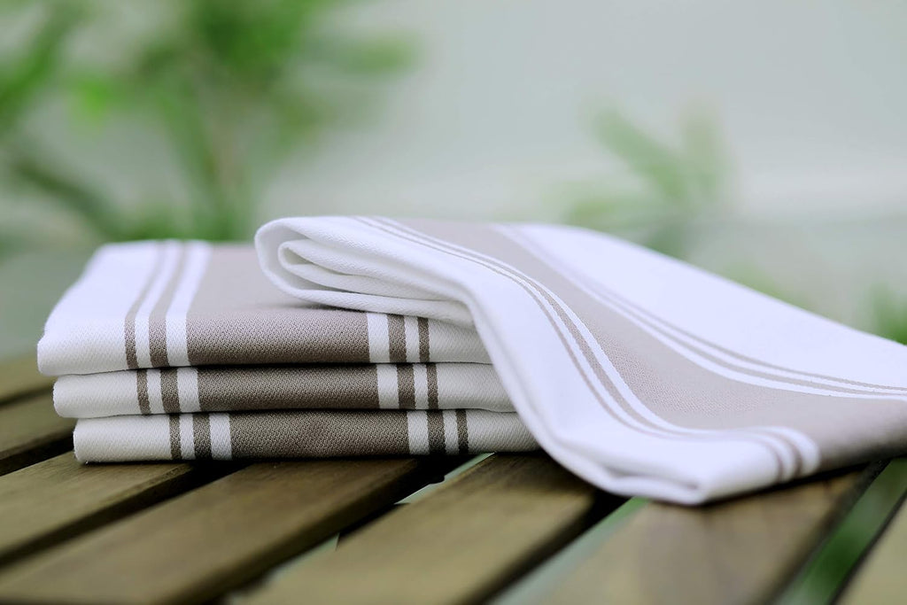 Kitchen Towels 100% Cotton Pack of 4, Highly Absorbent Quick Drying Premium Striped Dish Towel for Kitchen with Hanging Loop Hand & Tea Towels (Beige)