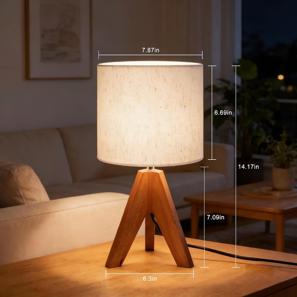 Mid Century Table Lamp - Small Side Table Lamp with Linen Shade, 14.2 Inch Bedside Lamps for Night Stands, Bedroom, Living Room, Wood Base, E26 Socket（2Pcs）