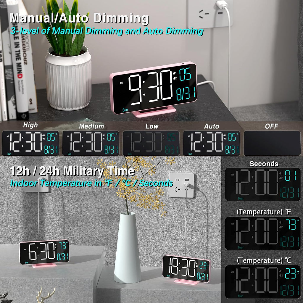 Clock for Bedroom, 6.7In Digital Alarm Clock, Auto Dimming, Room Temperature, Day of the Week, Seconds, Date, Alarm Clocks for Bedrooms, Digital Clocks for Living Room