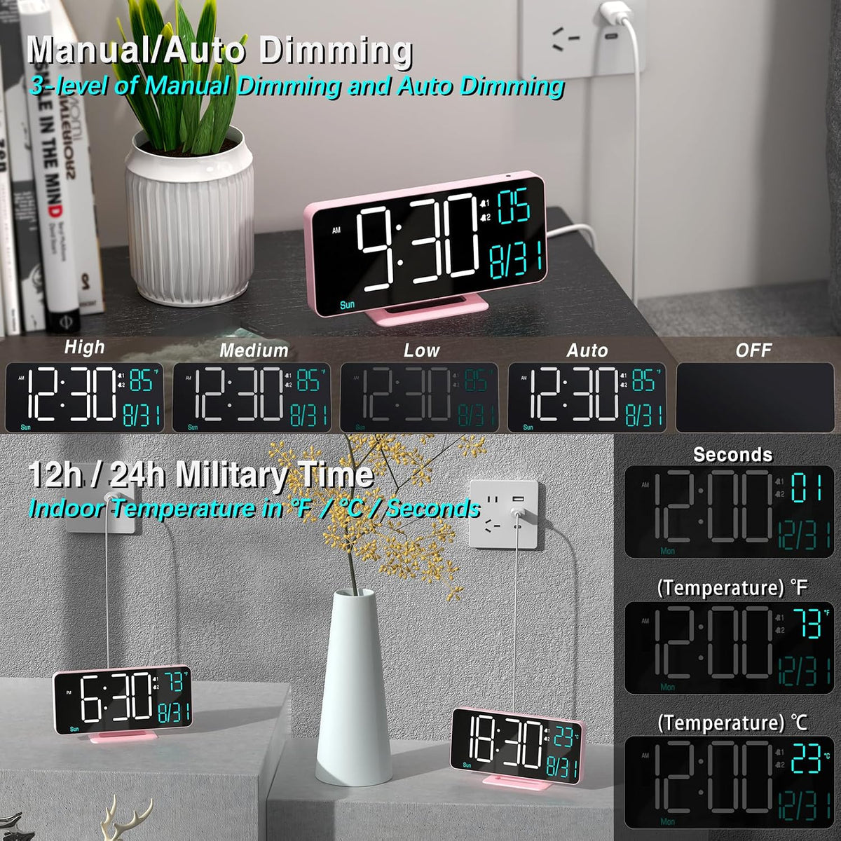 Clock for Bedroom, 6.7In Digital Alarm Clock, Auto Dimming, Room Temperature, Day of the Week, Seconds, Date, Alarm Clocks for Bedrooms, Digital Clocks for Living Room