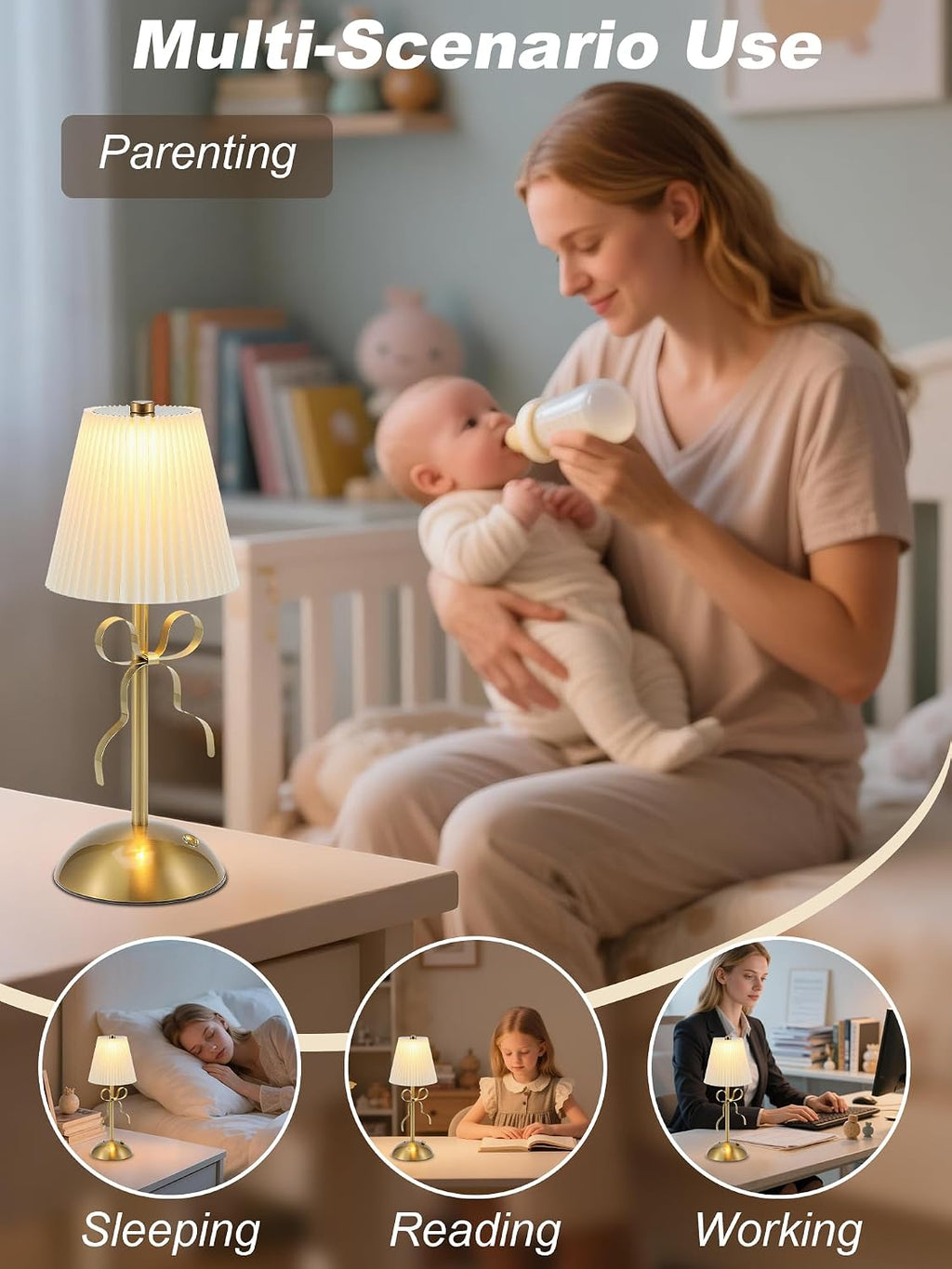 Cordless Small Table Lamp,Gold Bow Lamp,Rechargeable Desk Lamp Cute