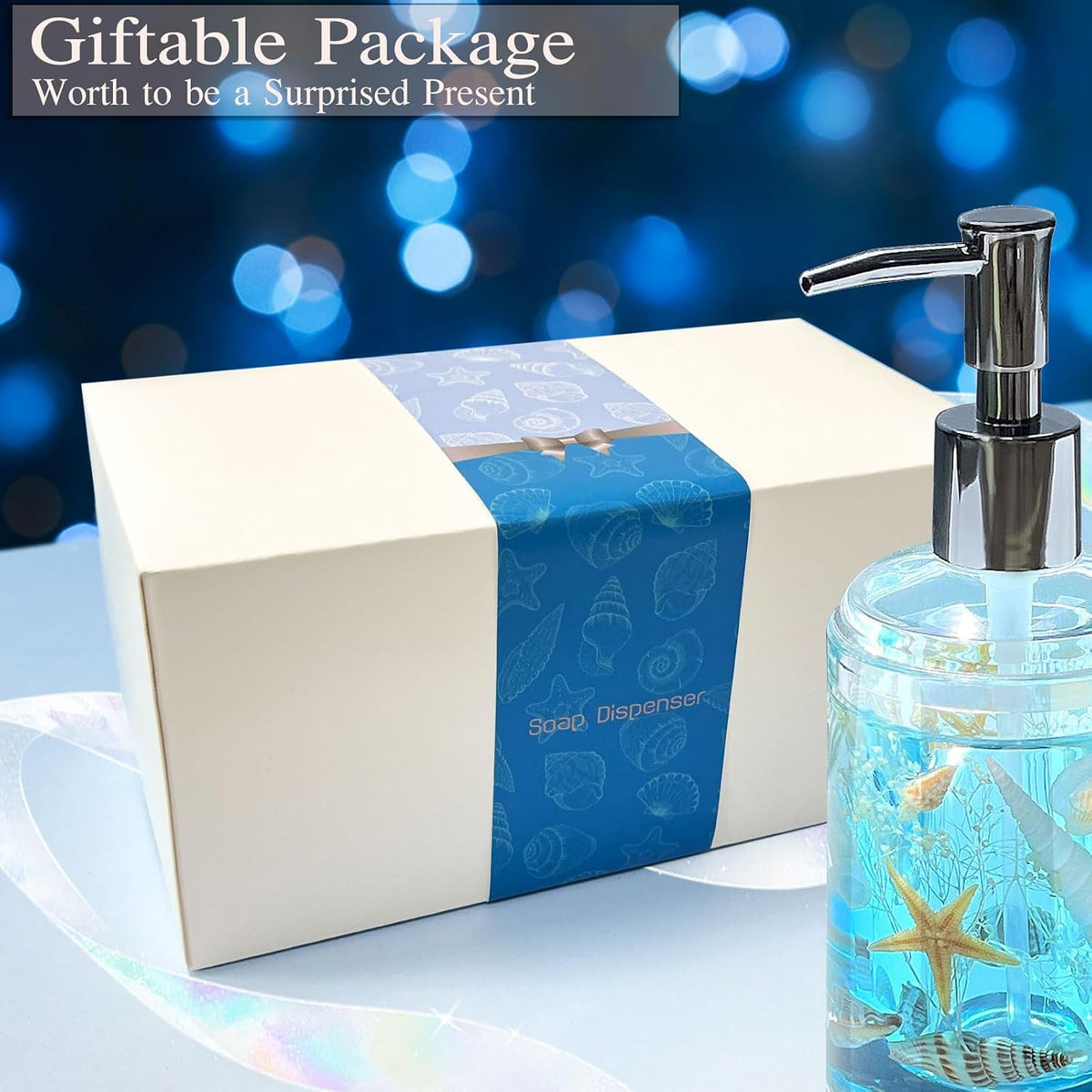 Soap Dispenser with Pump Acrylic W/Nature Seashell Handmade Bathroom Hand Soap Dispenser, Kitchen Refillable Liquid Dispenser for Soap,Dish Soap, Lotion (Blue)