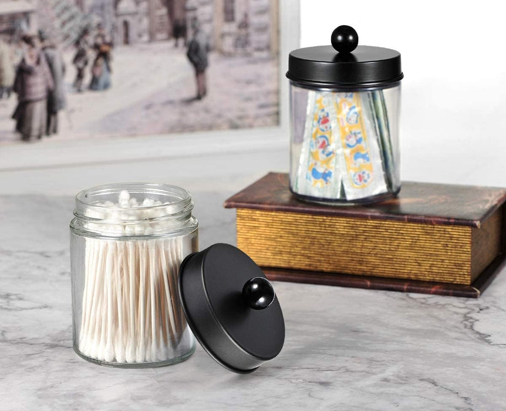 6Pc Apothecary Jars Bathroom Vanity Organizer- Rustic Farmhouse Decor Storage with Stainless Steel Lids- Qtip Dispenser Holder for Q-Tips, Cotton Swabs, Rounds, Ball, Flossers (Black)