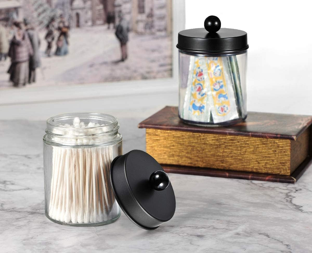 6Pc Apothecary Jars Bathroom Vanity Organizer- Rustic Farmhouse Decor Storage with Stainless Steel Lids- Qtip Dispenser Holder for Q-Tips, Cotton Swabs, Rounds, Ball, Flossers (Black)
