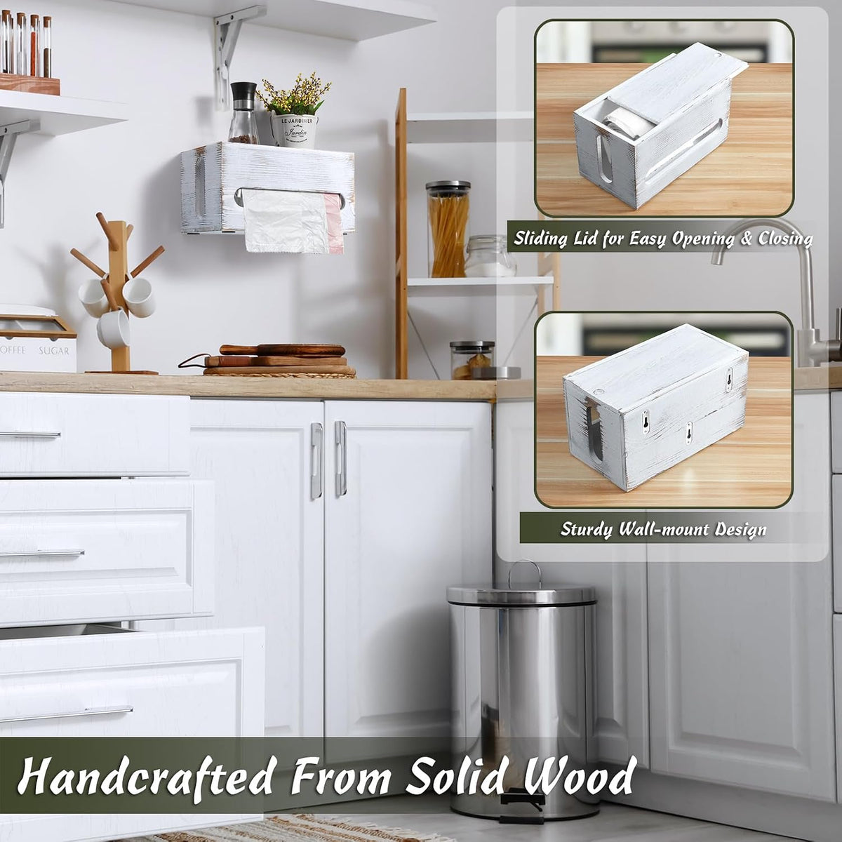 Trash Bag Dispenser, Wall Mount Wooden Trash Organizer , Countertop Trash Bag Roll Holder for 4-8 Gallon , Retro White Kitchen Laundry Room Organization