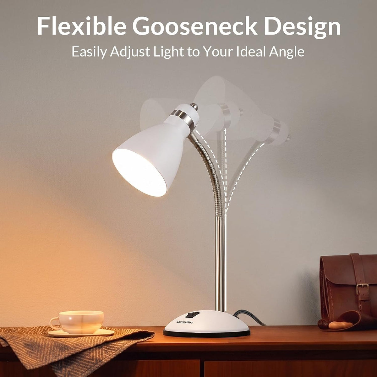 Metal Desk Lamp, Adjustable Gooseneck Reading Light for Bedroom