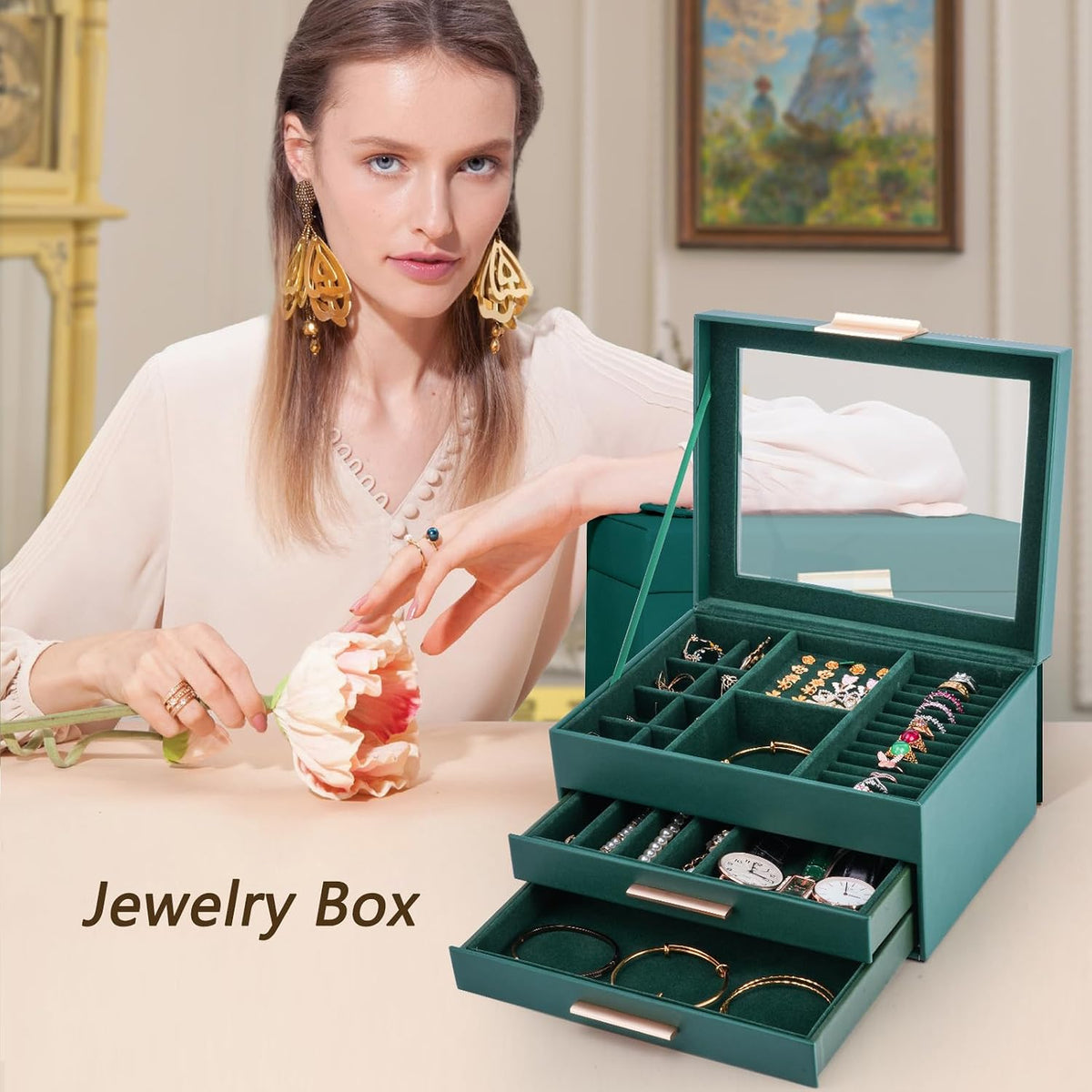 3-Layer Jewelry Box for Women, Jewelry Organizer with Glass Lid and Drawers, Jewelry Organizers and Storage for Necklaces, Rings, Earrings, Bracelets - White/Green/Black