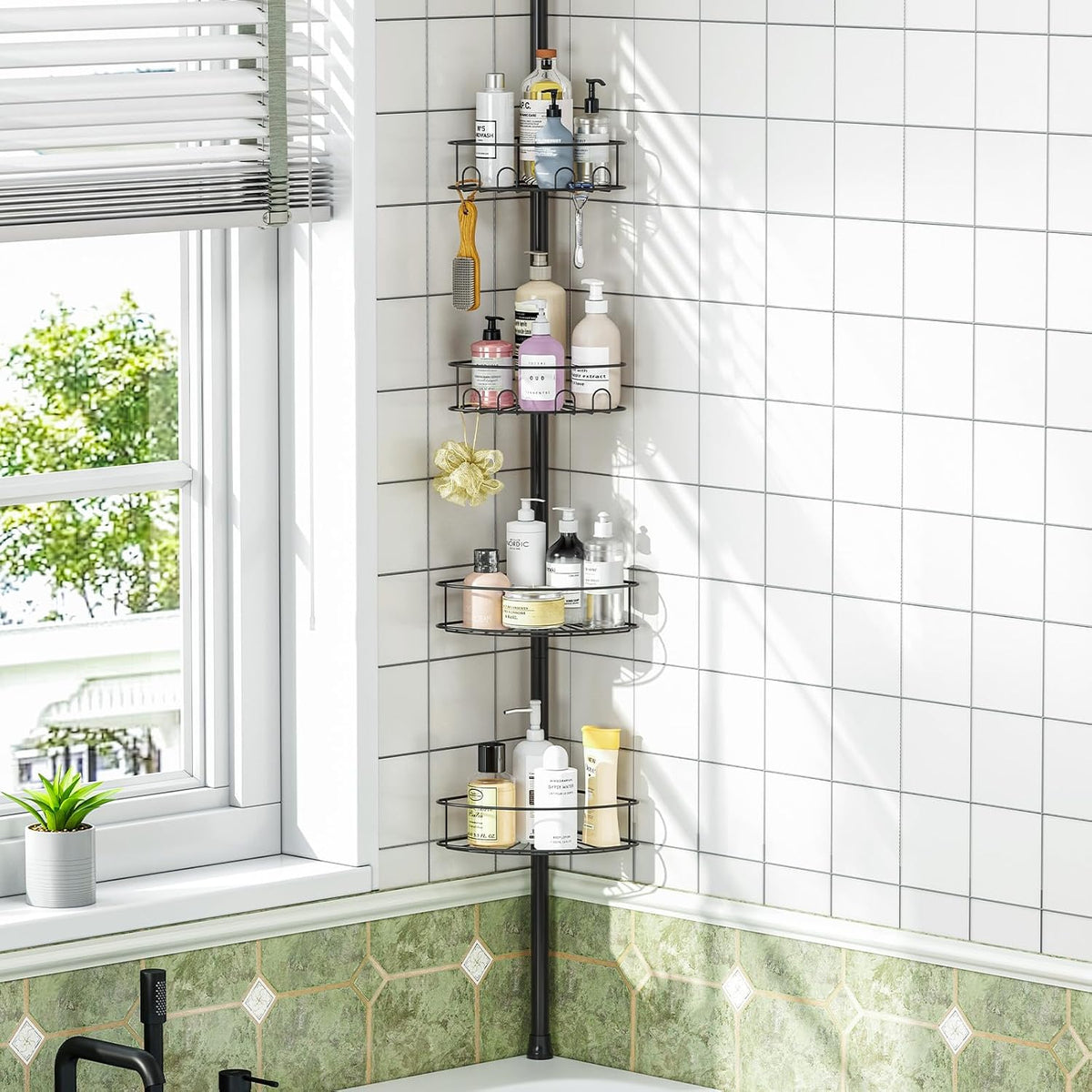 Corner Shower Caddy Tension Pole 4 Tier Shower Organizer, Black