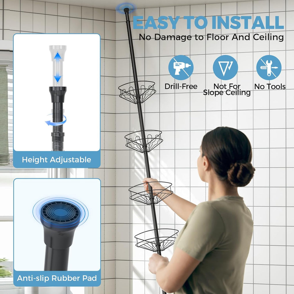 Corner Shower Caddy Tension Pole 4 Tier Shower Organizer, Black