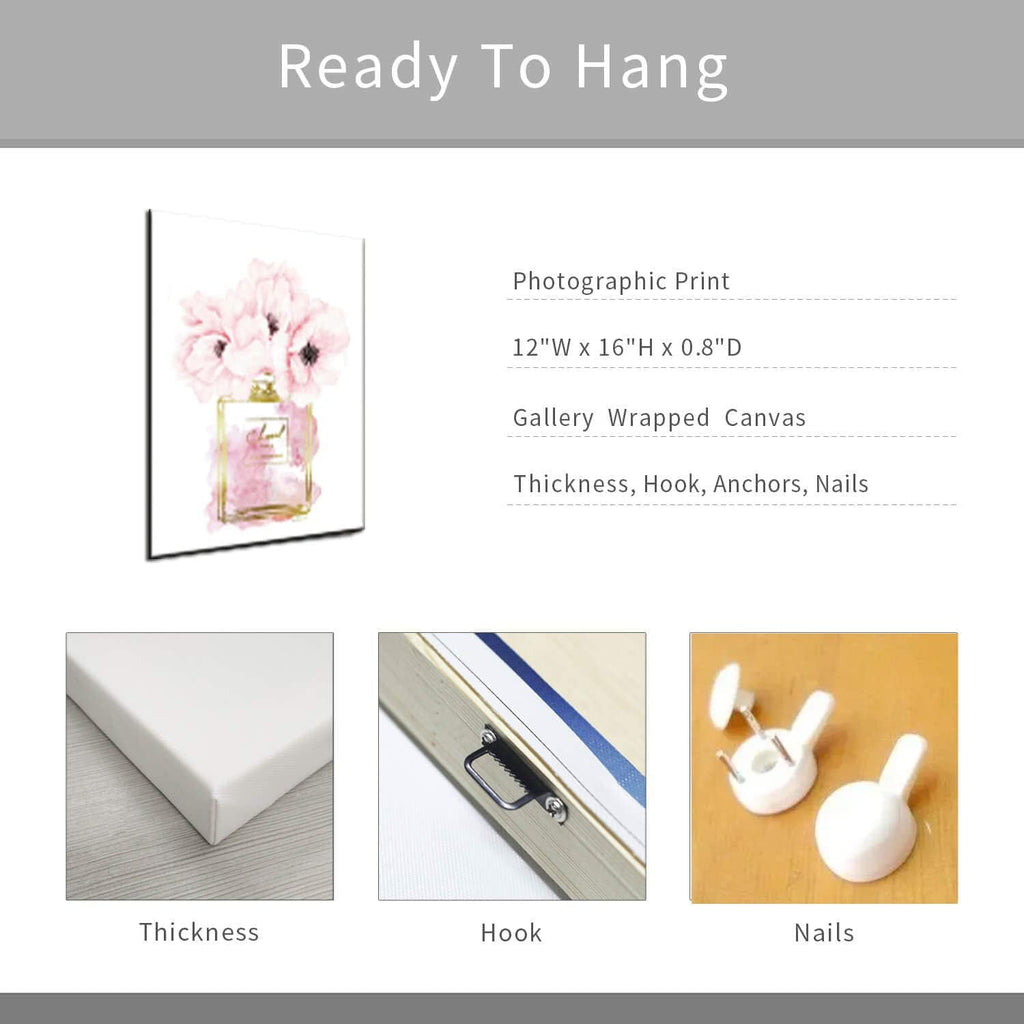 Canvas Wall Art Glam Perfume Pictures Wall Decor Pink Flowers and Gold Canvas Wall Art Girl Home Decor for Bedroom Wall Bathroom Set Room Decor