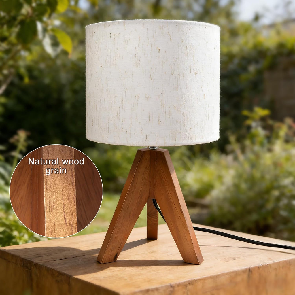 Mid Century Table Lamp - Small Side Table Lamp with Linen Shade, 14.2 Inch Bedside Lamps for Night Stands, Bedroom, Living Room, Wood Base, E26 Socket（2Pcs）