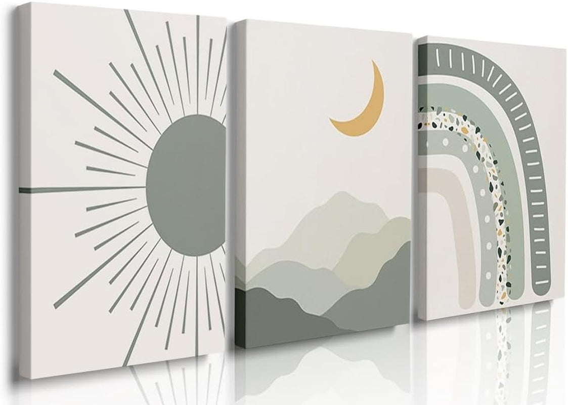 Boho Nursery Print Set of 3,Sun Rainbow Moon Baby Room Posters,Sage Green Wall Art Celestial Bedroom Kids Room Wall Art Decor, Abstract Art Prints,Mid Century Mountain Art for Home Decor 12"X16"