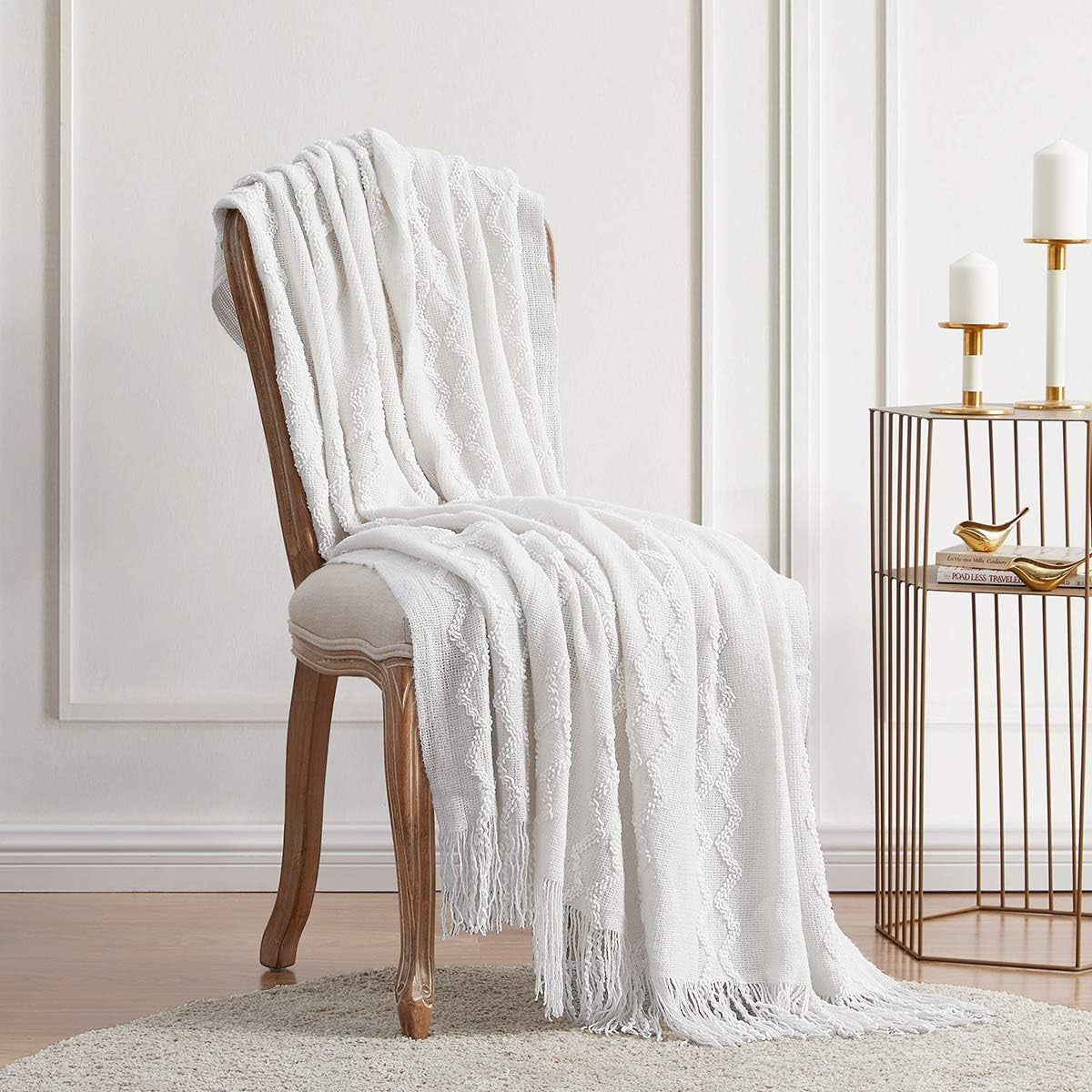 Knitted Throw Blanket Boho Chenille Blanket,Off White 60X80Inch