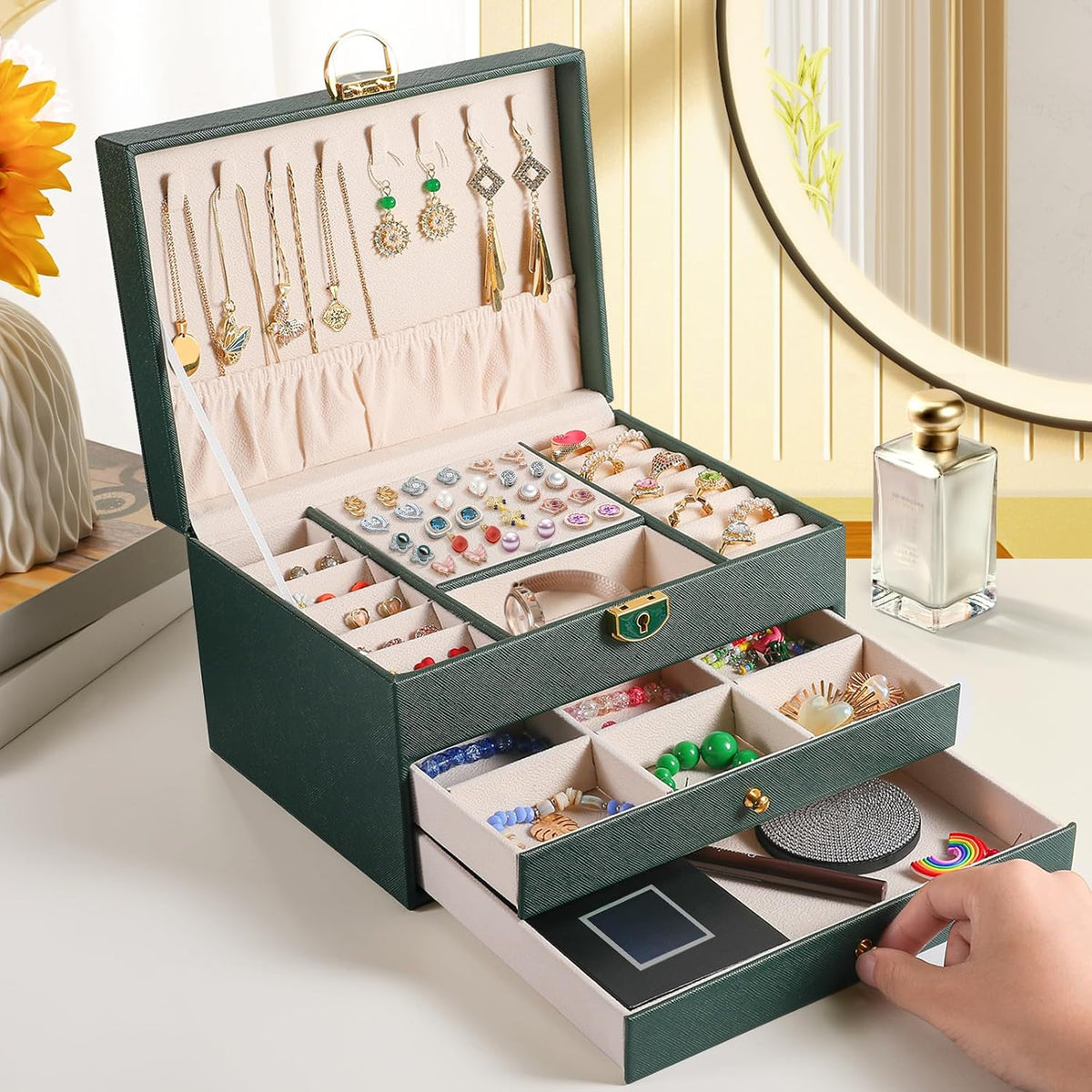 3 Layer Jewelry Box, Jewelry Holder Organizer with 2 Drawer Tray, Large Boxes for Women Velvet Earring Organizer, Lockable & Organizers, Birthday Gifts for Women Mom, Green