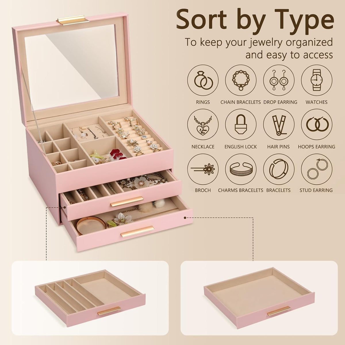 3-Layer Jewelry Box for Women, Jewelry Organizer with Glass Lid and Drawers, Jewelry Organizers and Storage for Necklaces, Rings, Earrings, Bracelets - White/Green/Black/Pink
