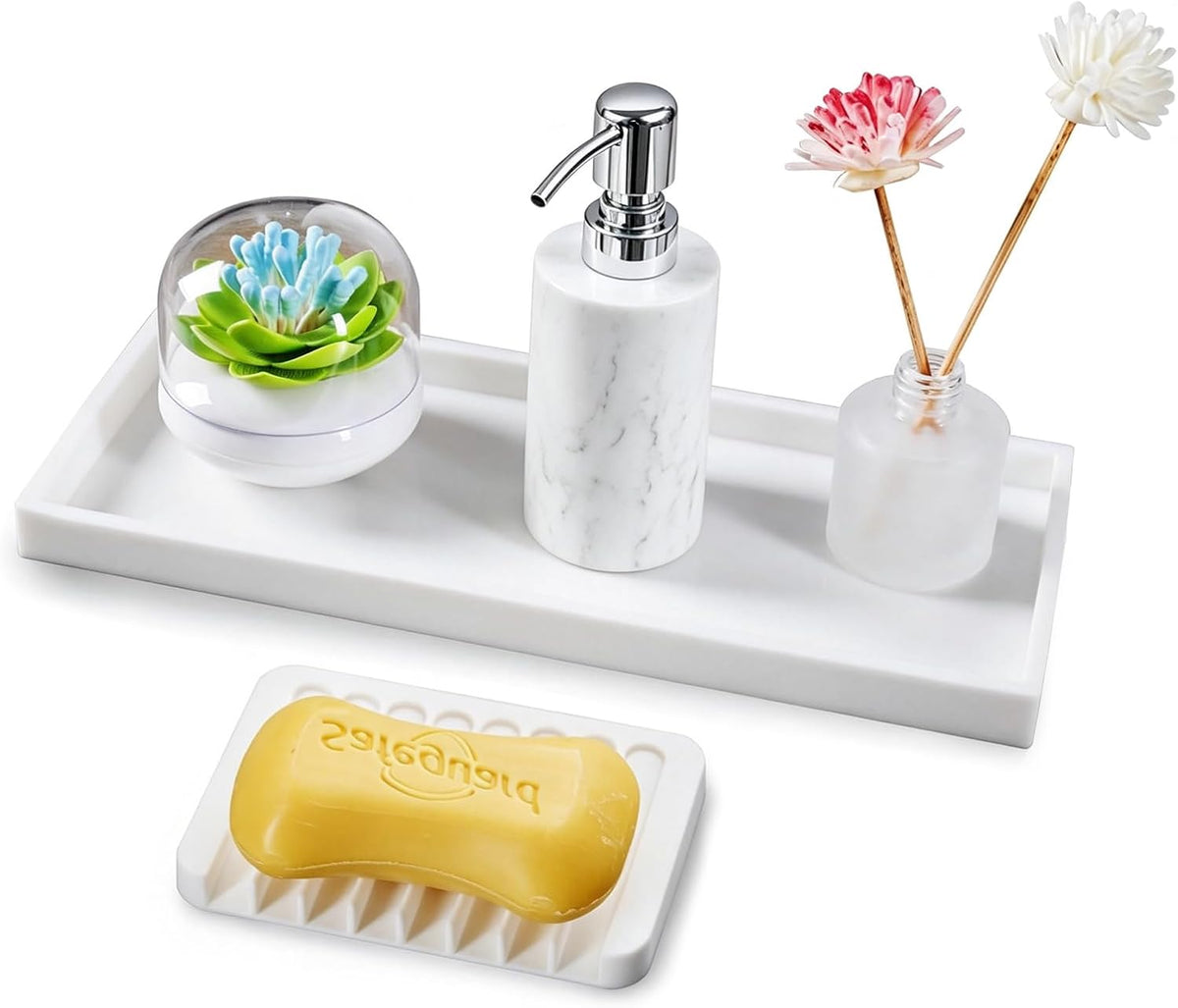 Counter Tray Set for Bathroom/Kitchen - 15.7" Silicone Tray for Kitchen Countertop, Soap and Sponge Holder, Bathroom Vanity Traty for Perfume,Jewelry,Candle,Key Tray