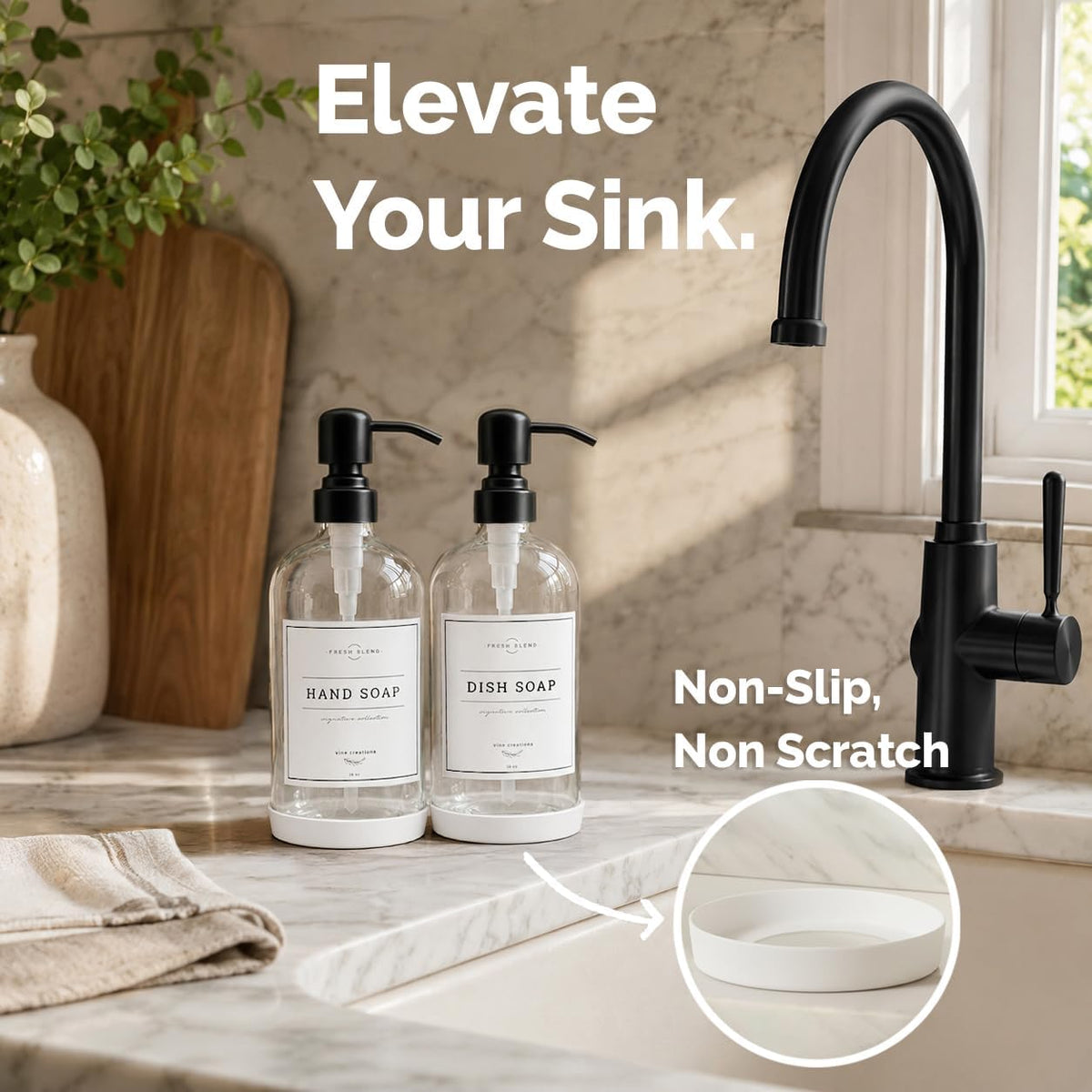 Clear Glass Soap Dispenser, 2 Pack Kitchen Soap Dispenser Set with Stainless Steel Pump, 16 Oz Dish Soap and Hand Soap Dispensers for Bathroom with Waterproof Labels