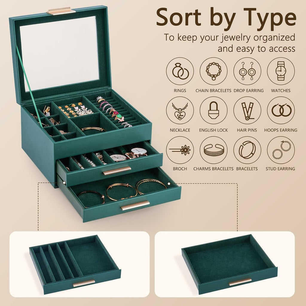 3-Layer Jewelry Box for Women, Jewelry Organizer with Glass Lid and Drawers, Jewelry Organizers and Storage for Necklaces, Rings, Earrings, Bracelets - White/Green/Black