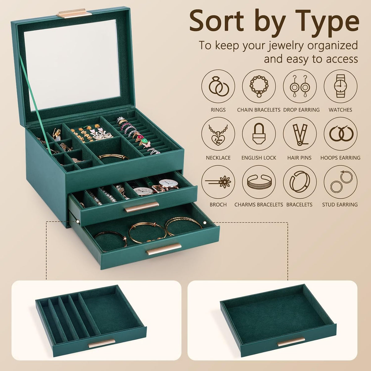 3-Layer Jewelry Box for Women, Jewelry Organizer with Glass Lid and Drawers, Jewelry Organizers and Storage for Necklaces, Rings, Earrings, Bracelets - White/Green/Black