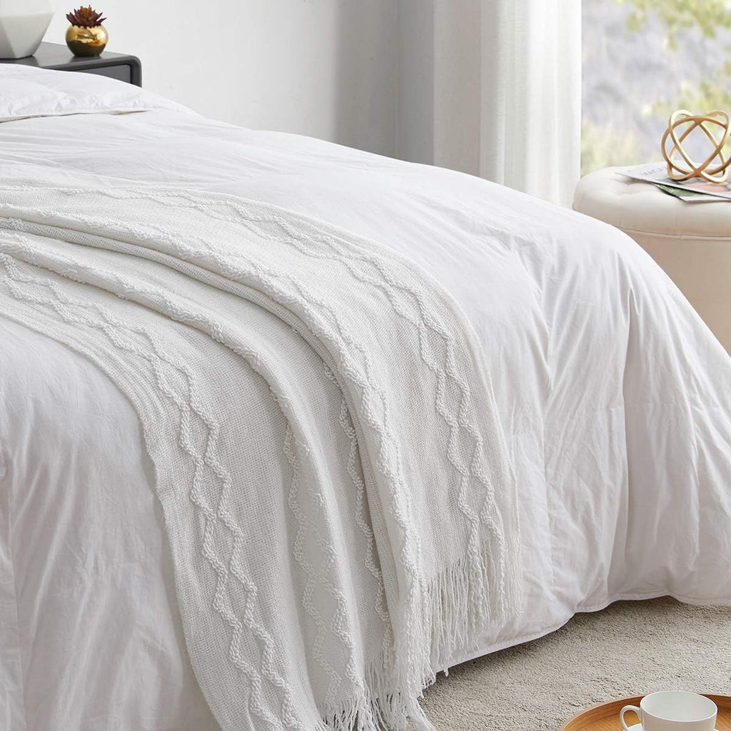 Knitted Throw Blanket Boho Chenille Blanket,Off White 60X80Inch