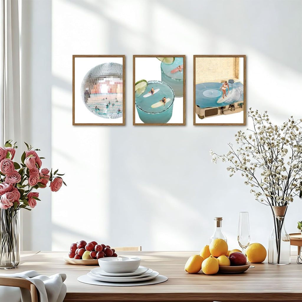 Framed Trendy Blue Coastal Wall Art Set of 3, Preppy Disco Ball Beach Wall Decor Pictures, Girly Y2K Retro Surf Paintings Canvas Prints Aesthetic Home Decor for Living Room Bedroom Bathroom 12X16 Inch