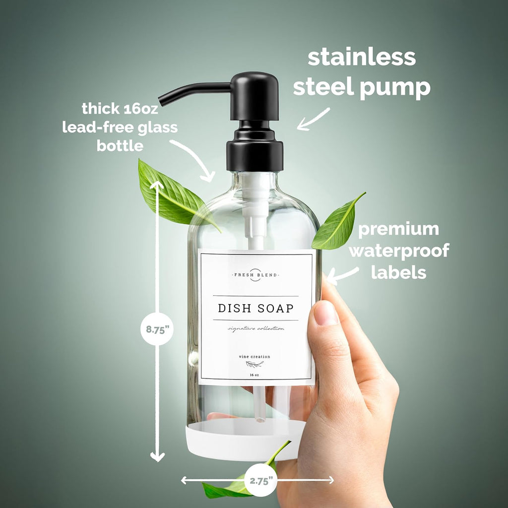 Clear Glass Soap Dispenser, 2 Pack Kitchen Soap Dispenser Set with Stainless Steel Pump, 16 Oz Dish Soap and Hand Soap Dispensers for Bathroom with Waterproof Labels