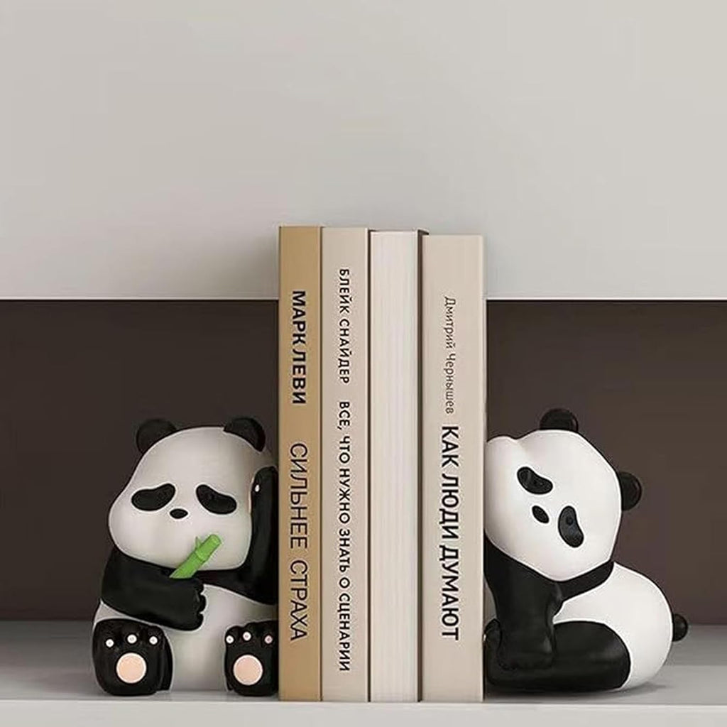 2Pcs Cute Panda Decorative Bookends, Resin Unique Animal Book Ends, Fun Modern Home Sculptures, Modern Panda Statues, for Living Room Entrance, Bookshelf, Bedroom, Office Table Decorations