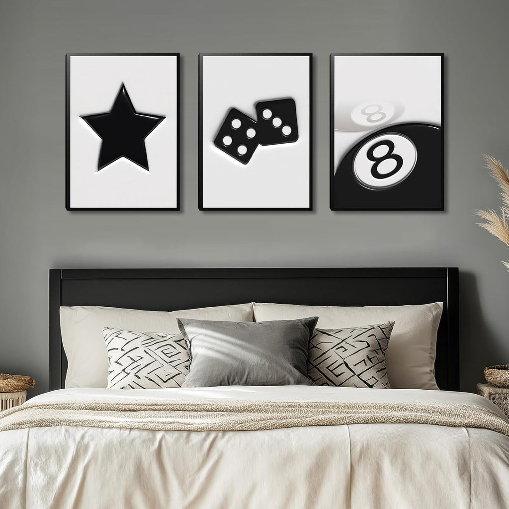 Black and White Dice Canvas Wall Art Set of 3,Funky Retro Y2K 8 Ball Wall Decor Paintings, Funky Lucky Preppy Posters Prints Pictures for Game Room Apartment Dorm Teenager Room 16X24In Framed
