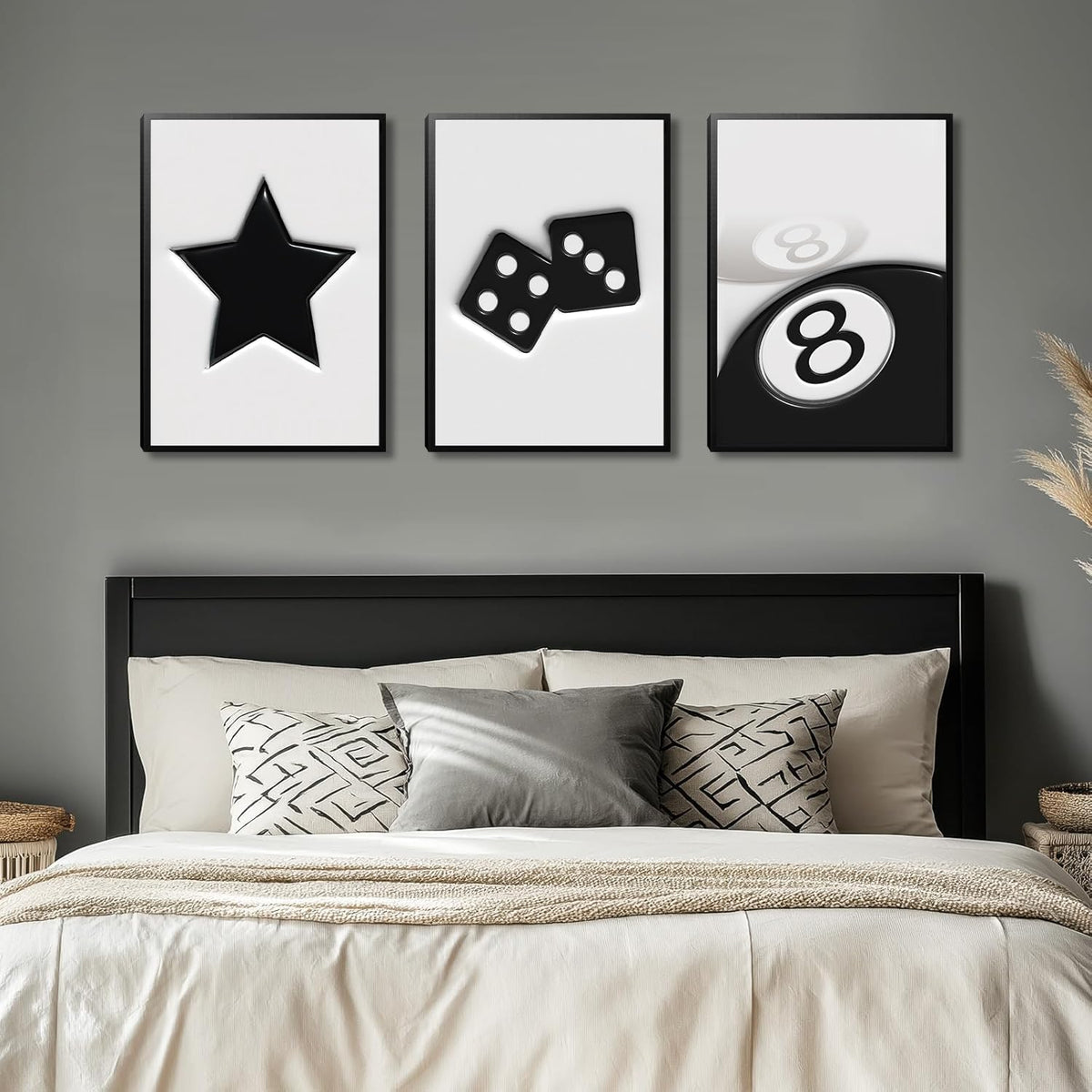 Black and White Dice Canvas Wall Art Set of 3,Funky Retro Y2K 8 Ball Wall Decor Paintings, Funky Lucky Preppy Posters Prints Pictures for Game Room Apartment Dorm Teenager Room 16X24In Framed