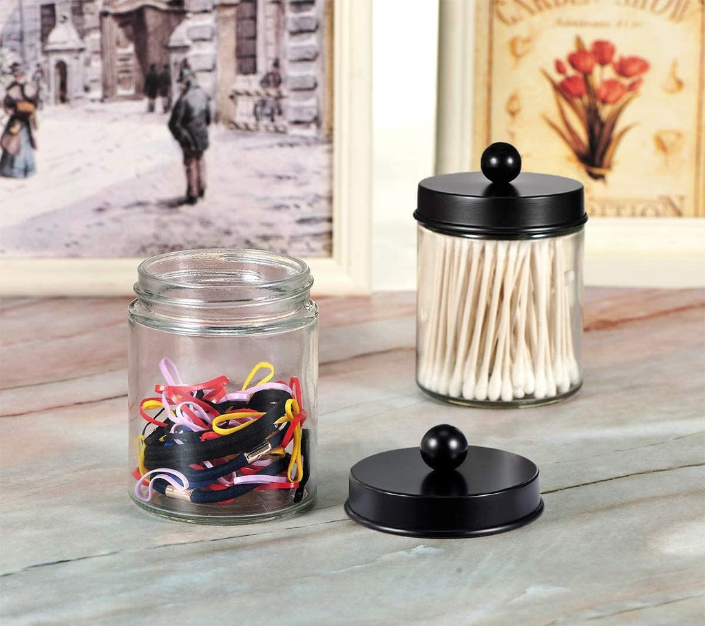 6Pc Apothecary Jars Bathroom Vanity Organizer- Rustic Farmhouse Decor Storage with Stainless Steel Lids- Qtip Dispenser Holder for Q-Tips, Cotton Swabs, Rounds, Ball, Flossers (Black)