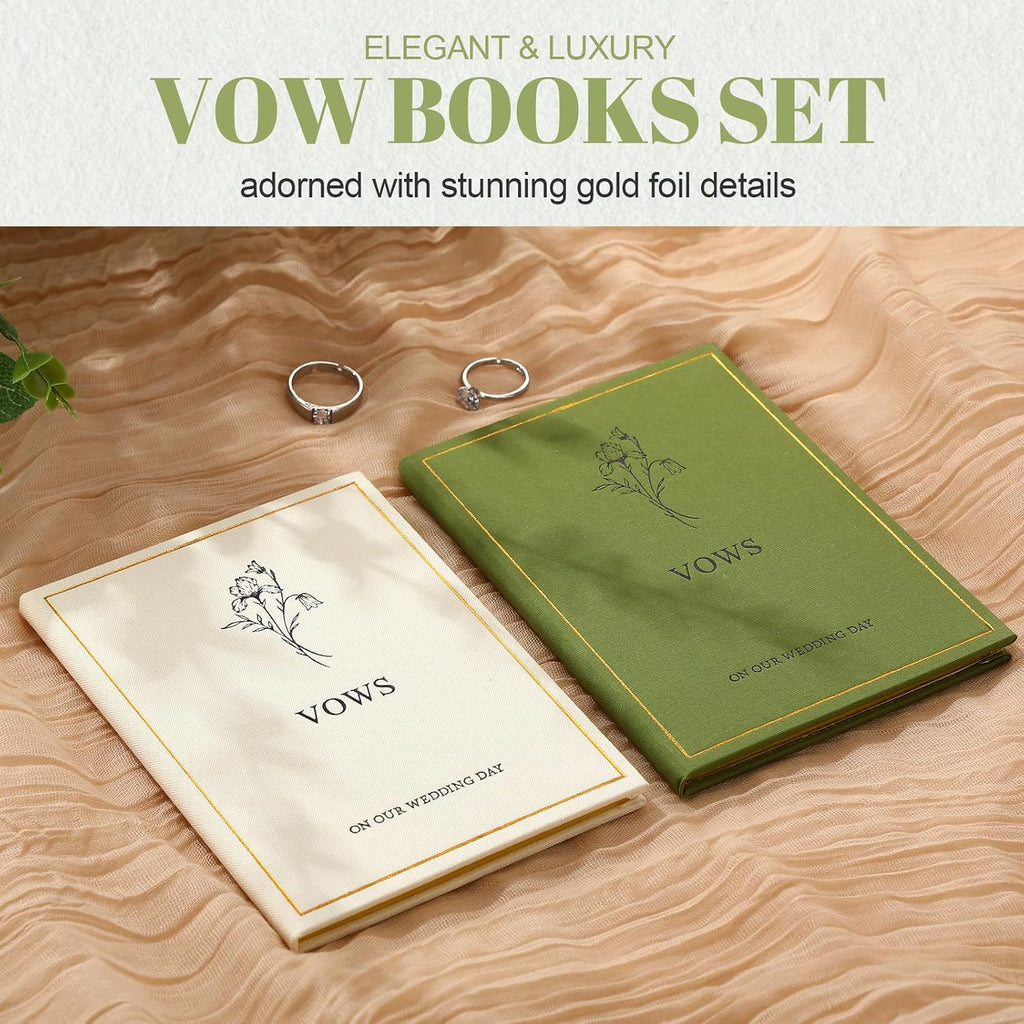 Wedding Vow Books His and Hers, Gold Foil, Green, Beige