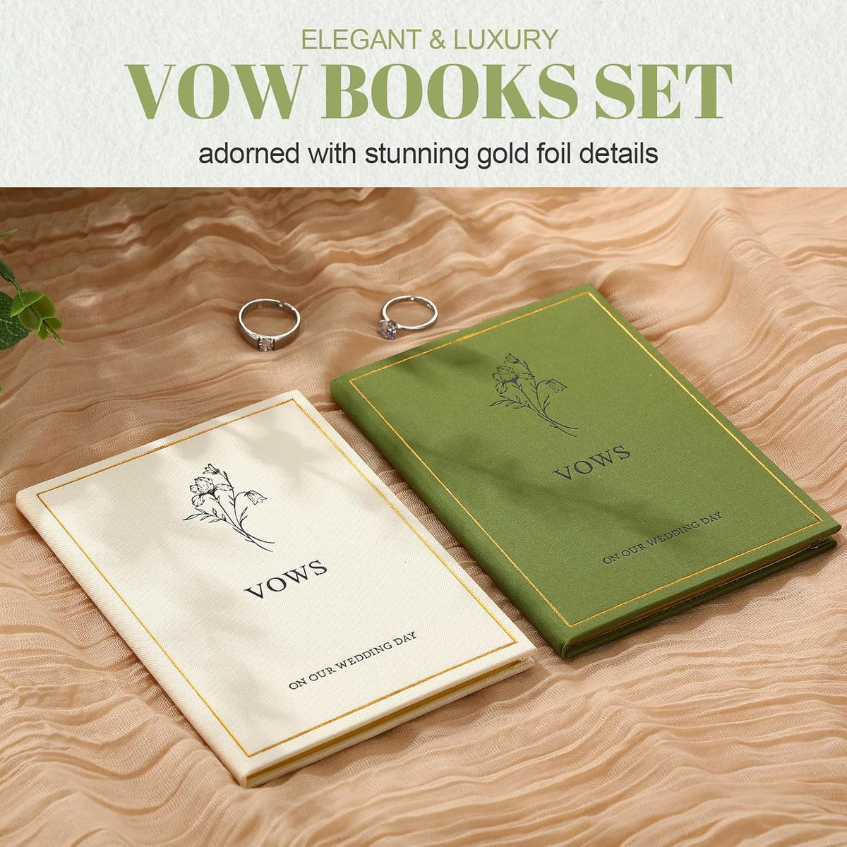 Wedding Vow Books His and Hers, Gold Foil, Green, Beige